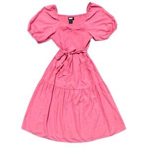 DKNY‎ Smocked Puff Short Sleeve PinkCoral Belt Tie Dress 12 Midi Tiered Milkmaid